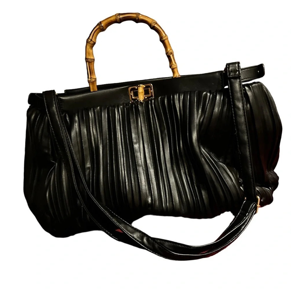 Sondra Roberts Luxury Bamboo handle pleated vegan leather Large tote bag